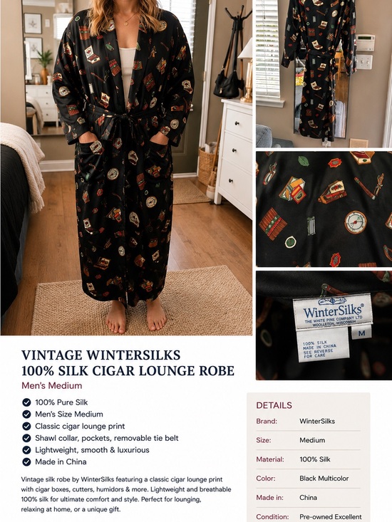 WinterSilks Other - WinterSilks Vintage Black 100% Silk Long Robe with Cigar Print with belt